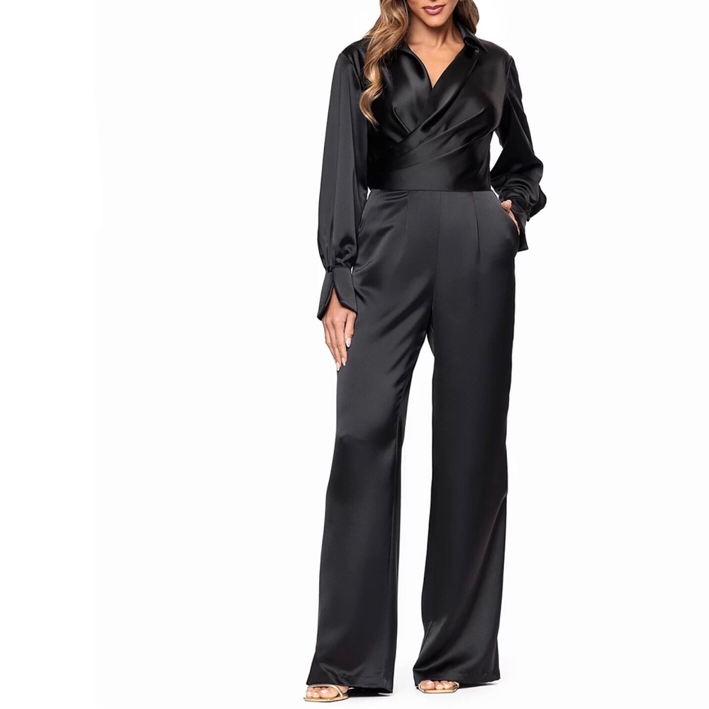 Xscape V Neck Long Sleeve Jumpsuit Black Satin Size 2